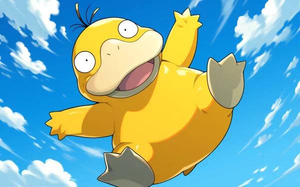 HD wallpaper of Psyduck, a Pokémon character, in a dynamic pose against a blue sky with clouds.
