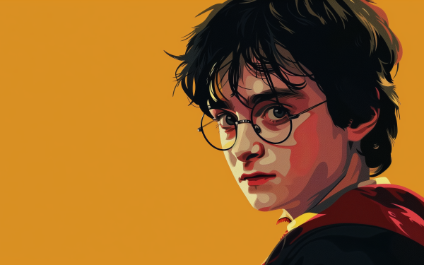 HD desktop wallpaper featuring an artistic illustration of a Harry Potter character on a vibrant orange background.