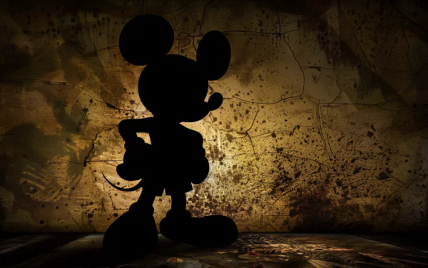 Silhouette of Mickey Mouse against a grunge backdrop, HD desktop wallpaper.