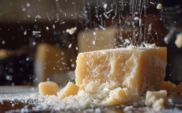 A close-up shot of Parmesan cheese being grated, with flakes flying around, captured in high definition. This image makes a delicious wallpaper for food enthusiasts.