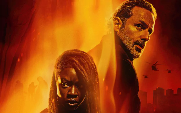 HD wallpaper featuring intense characters from The Walking Dead: The Ones Who Live, with a fiery backdrop for desktop background.