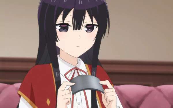 Anime Villainess Level 99 character with dark hair and red uniform, holding a mask, featured in an HD desktop wallpaper.