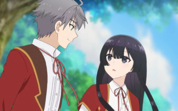 Anime characters in a forest backdrop, male and female from 'Villainess Level 99' series, HD desktop wallpaper.