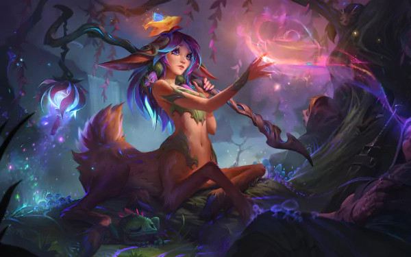 HD wallpaper featuring Lillia from League of Legends, set in an enchanted forest scene for desktop background.