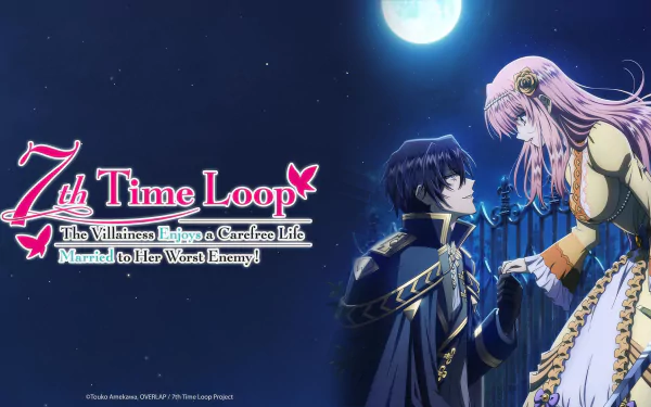 Anime-inspired HD wallpaper featuring characters from 7th Time Loop: The Villainess Enjoys a Carefree Life Married to Her Worst Enemy! against a starry night background.