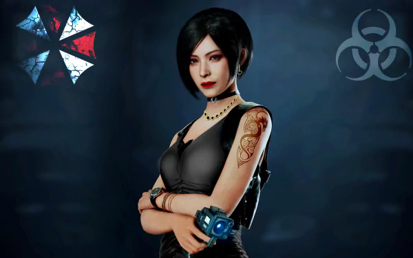 HD desktop wallpaper featuring the video game character from Resident Evil 2 on a dark background with emblem symbols.