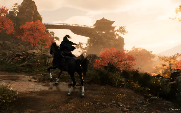 HD wallpaper of Rise of the Rōnin video game featuring a samurai on horseback against a backdrop of autumn foliage and traditional Japanese architecture.
