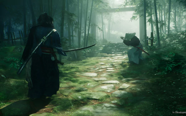 A serene HD wallpaper from the video game Rise of the Rōnin, featuring two characters walking along a misty, moss-covered path in a bamboo forest.