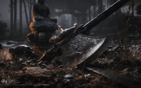 HD desktop wallpaper of Black Myth: Wukong video game featuring a detailed axe in a dark mystical forest background.