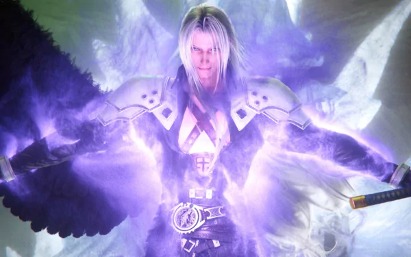 HD desktop wallpaper featuring a striking character from Final Fantasy VII Rebirth video game, highlighted by a vivid purple aura for a mesmerizing background.