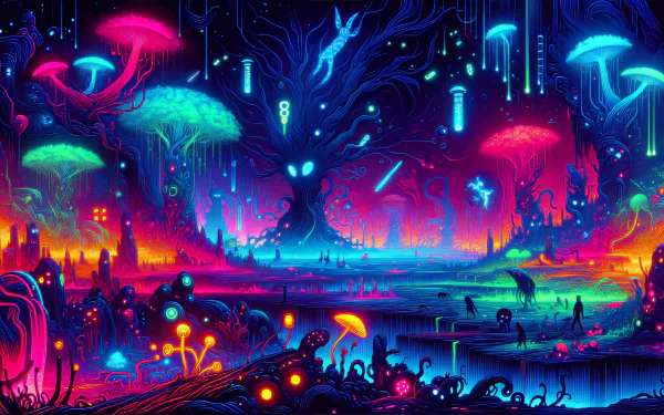 HD desktop wallpaper featuring a vibrant neon forest with fantastical trees and glowing flora in a dreamlike landscape.