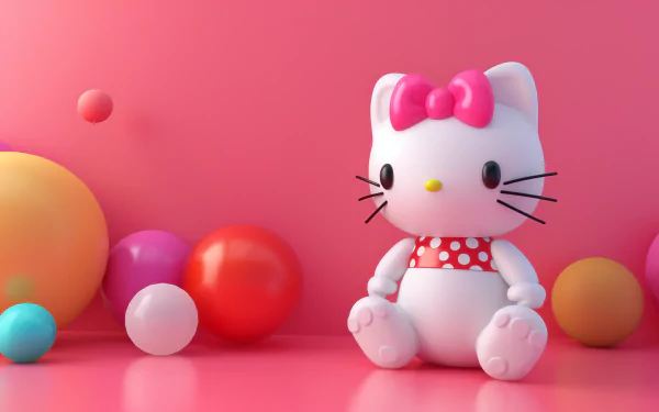 A vibrant HD desktop wallpaper featuring Hello Kitty, sitting among colorful spheres against a bright pink background, blends playful anime aesthetics with a cheerful atmosphere.