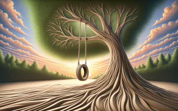 HD wallpaper of a tire swing hanging from a tree with stylized roots and a sunset sky background.