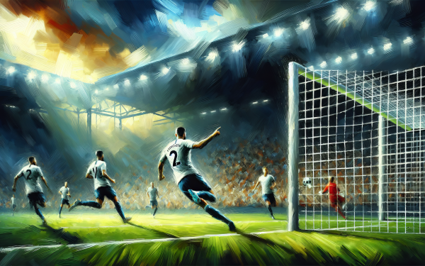 Dynamic HD desktop wallpaper featuring a football player scoring a goal with a team in an action-packed stadium setting.