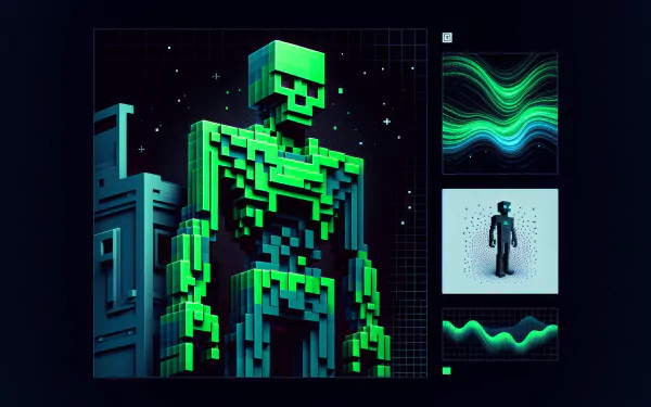 HD desktop wallpaper featuring a pixelated Zombie from Minecraft against a dark, grid-lined background with abstract designs.