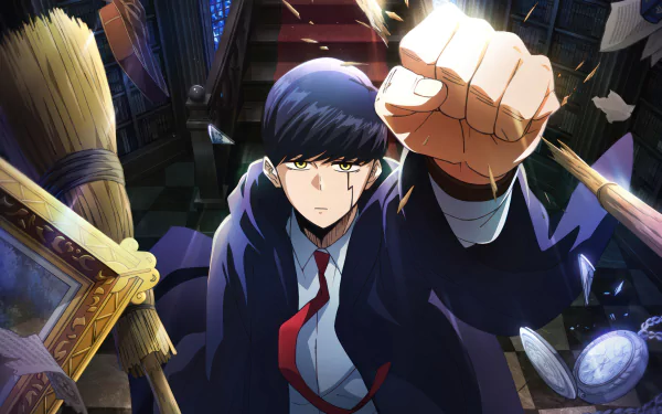 HD wallpaper featuring Mash Burnedead from the anime Mashle: Magic and Muscles, showcasing the character's clenched fist and determined expression in a magical library setting.