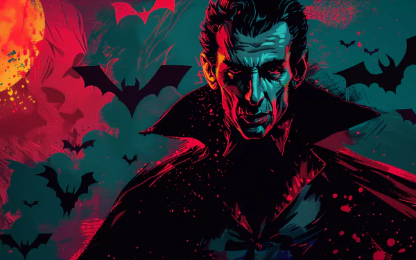 HD vampire-themed desktop wallpaper featuring a dramatic dark vampire figure with bats in the background.
