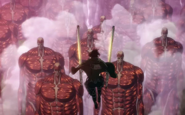 HD desktop wallpaper featuring the Colossal Titan from Attack on Titan anime with a character wielding swords in the foreground.