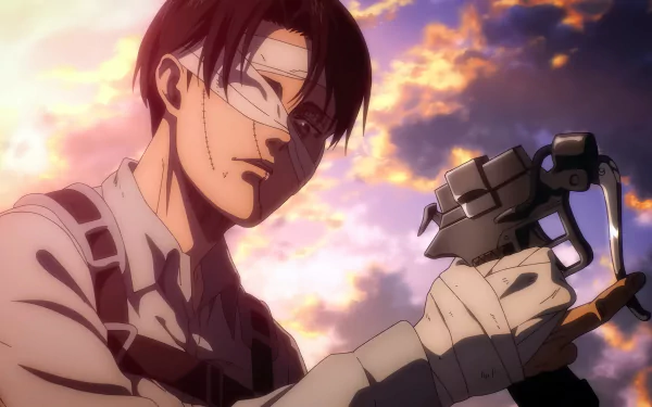 A stunning HD wallpaper featuring Levi Ackerman from Attack on Titan, showcasing his determined expression against a dramatic sunset backdrop.