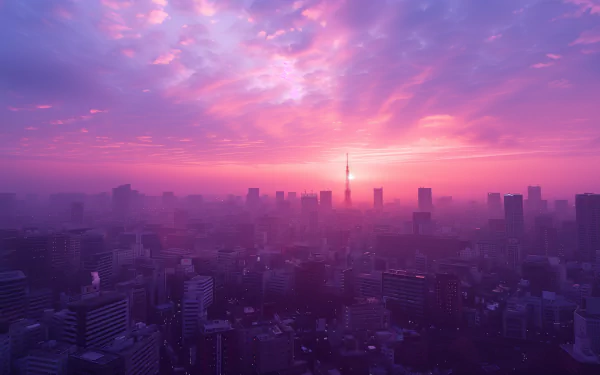 A stunning HD wallpaper featuring a vibrant Tokyo skyline at sunset, with purple and pink hues illuminating the sky and silhouetting the city’s iconic tower.