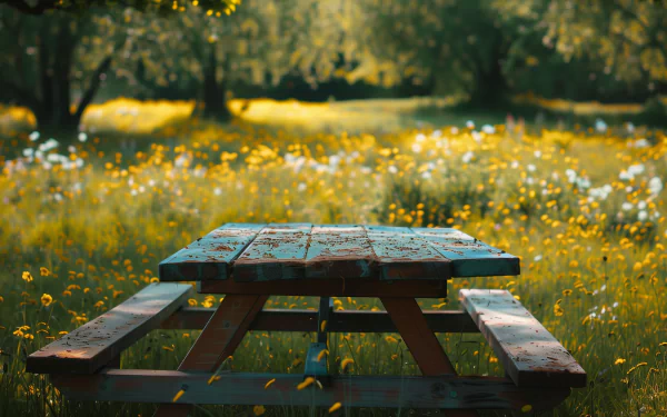 HD wallpaper of a rustic wooden picnic table in a serene wildflower field with lush green trees in the background.