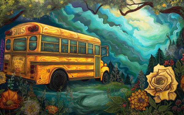 HD Wallpaper featuring an artistic depiction of a yellow school bus with vibrant nature and swirling sky background