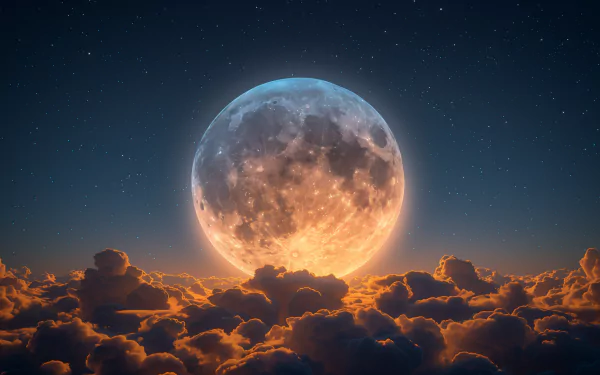 A stunning moonrise fills the sky, casting a warm glow over fluffy clouds. This captivating scene makes for an enchanting HD desktop wallpaper and background.