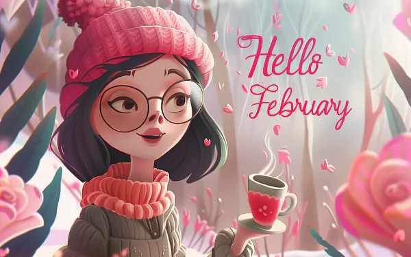A charming illustration featuring a girl in a pink beanie and sweater, holding a steaming cup, surrounded by flowers, with the words Hello February artfully displayed. HD desktop wallpaper.