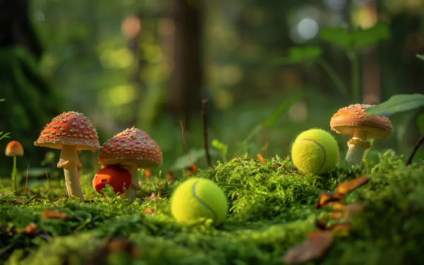 HD desktop wallpaper featuring tennis balls and mushrooms in a sunlit forest setting.