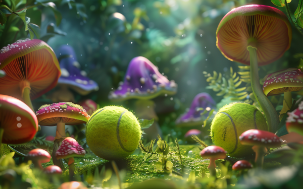 HD wallpaper of tennis balls among colorful mushrooms in a whimsical forest setting, perfect for desktop backgrounds.