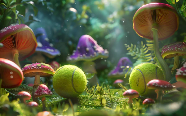 HD wallpaper of tennis balls among colorful mushrooms in a whimsical forest setting, perfect for desktop backgrounds.