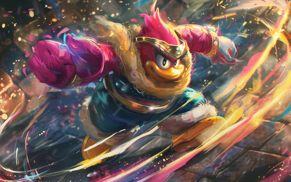 HD desktop wallpaper featuring dynamic fan art of King Dedede poised in an action stance with vibrant colors and energetic effects.