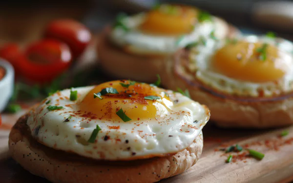 HD desktop wallpaper featuring a close-up of delicious breakfast with sunny-side-up eggs on English muffins, garnished with herbs and spices, ready to download.