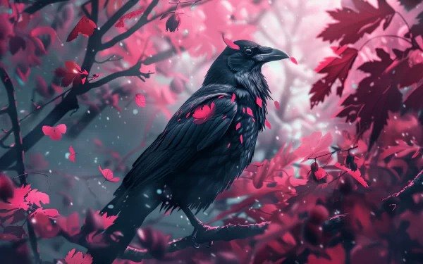 HD wallpaper featuring a crow amidst red-tinged foliage, creating an atmospheric background for desktops.