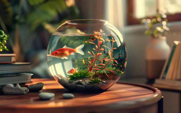 HD desktop wallpaper featuring a serene fishbowl with a goldfish and aquatic plants on a wooden table with warm sunlight filtering through.