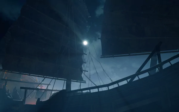 HD wallpaper of 'The Pirate Queen: A Forgotten Legend' video game featuring silhouette of a pirate ship against a moonlit sky.