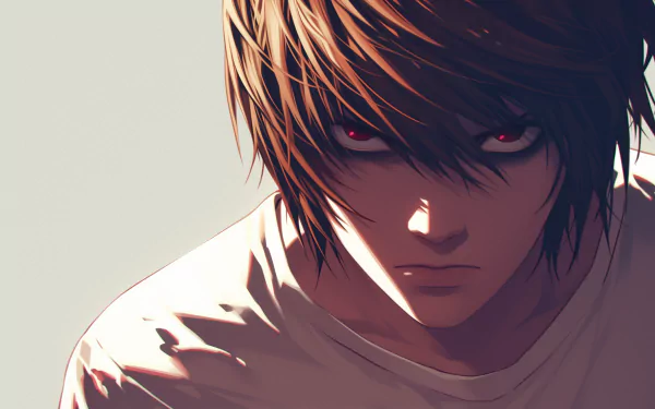 HD wallpaper featuring Light Yagami from Death Note, with intense red eyes and a determined expression.