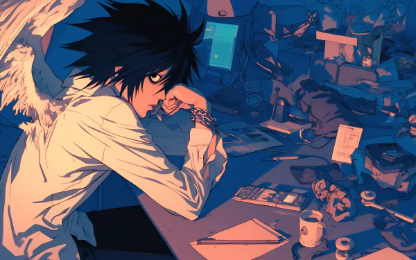 HD Anime Wallpaper featuring the character L from Death Note contemplating amid a messy desk, perfect as a desktop background.