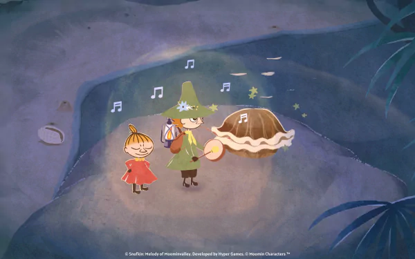 HD desktop wallpaper featuring Snufkin playing music in Melody of Moominvalley video game concept art with lush environment.