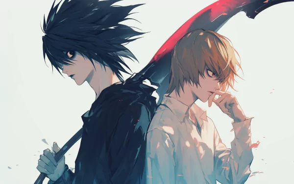 HD anime wallpaper featuring iconic characters from Death Note with a thoughtful Light Yagami and enigmatic L in a stylized artistic background.