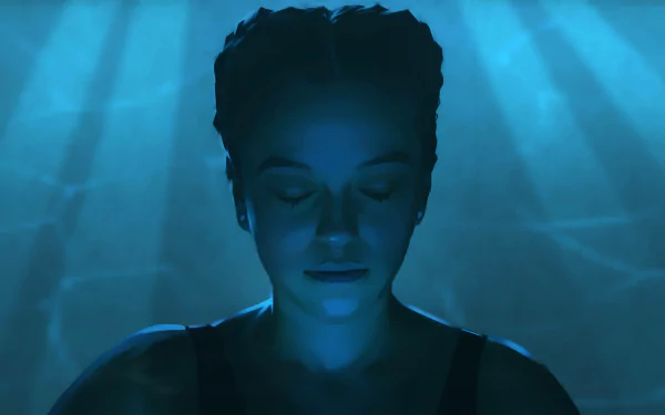 HD wallpaper featuring a serene character from the video game As Dusk Falls, bathed in a calming blue light.