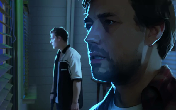 High-definition wallpaper featuring characters from 'As Dusk Falls' video game set against a dramatic and suspenseful backdrop.