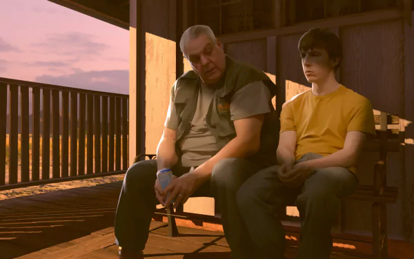 HD desktop wallpaper featuring two characters from the video game As Dusk Falls, sitting together on a porch during sunset.