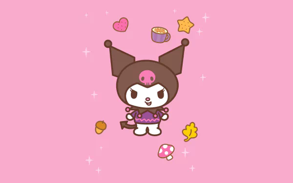 A vibrant HD desktop wallpaper featuring Kuromi from Onegai My Melody, set against a pink background with playful icons like hearts, stars, and mushrooms.