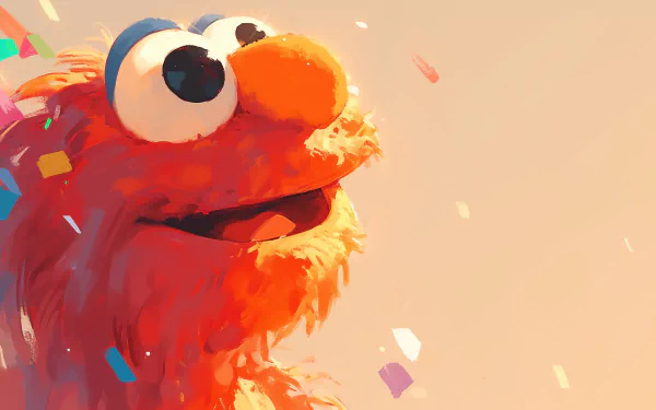 HD desktop wallpaper featuring a vibrant illustration of Elmo from Sesame Street with a colorful confetti background.