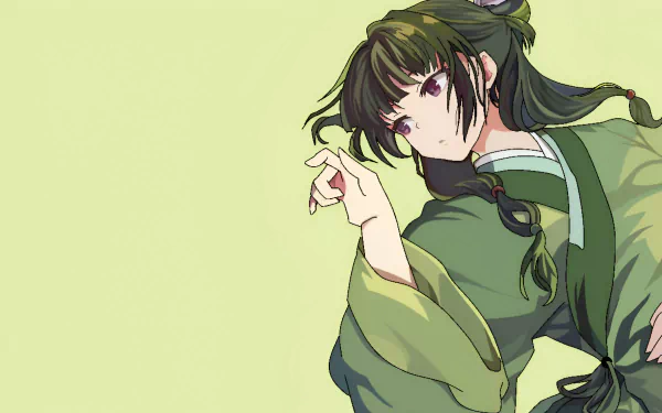 HD PC desktop wallpaper featuring Maomao from the anime The Apothecary Diaries, depicted in a traditional green outfit against a light green background.
