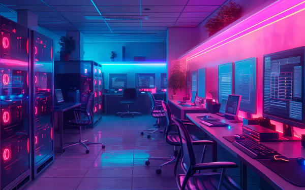 Futuristic computer room with neon lights HD desktop wallpaper.