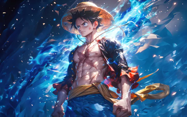 HD anime wallpaper featuring Monkey D. Luffy from One Piece with dynamic blue energy background perfect for desktops.