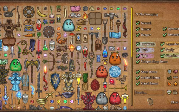 HD desktop wallpaper from the video game Backpack Battles featuring an assortment of animated items and characters in a detailed inventory layout.