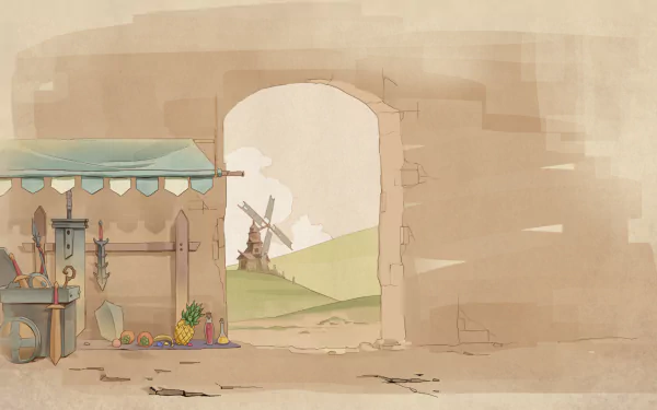 HD desktop wallpaper featuring a scenic Backpack Battles video game environment with a rustic village marketplace and a windmill in the background.